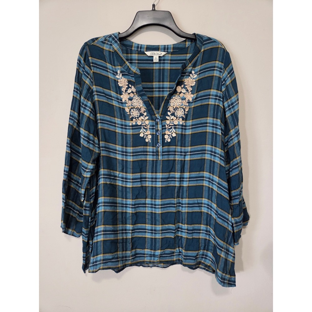 The Pioneer Woman Teal Plaid Embroidered Rayon Tunic Blouse XL 9538745PW